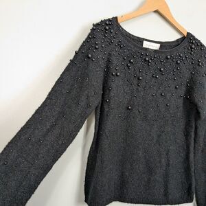 Susan Bristol Wool Blend Sweater L Black Chunky Beaded Scoop Neutral Black L